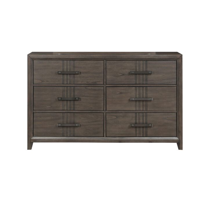 Benjara Brown Wali 62 Inch Dresser, 6 Drawer, Black Handles, Modern Walnut Finish