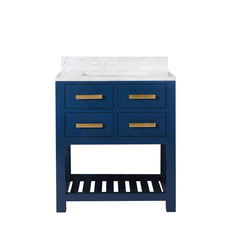 Madalyn 30 In. Single Sink Carrara White Marble Countertop Bath Vanity in Monarch Blue