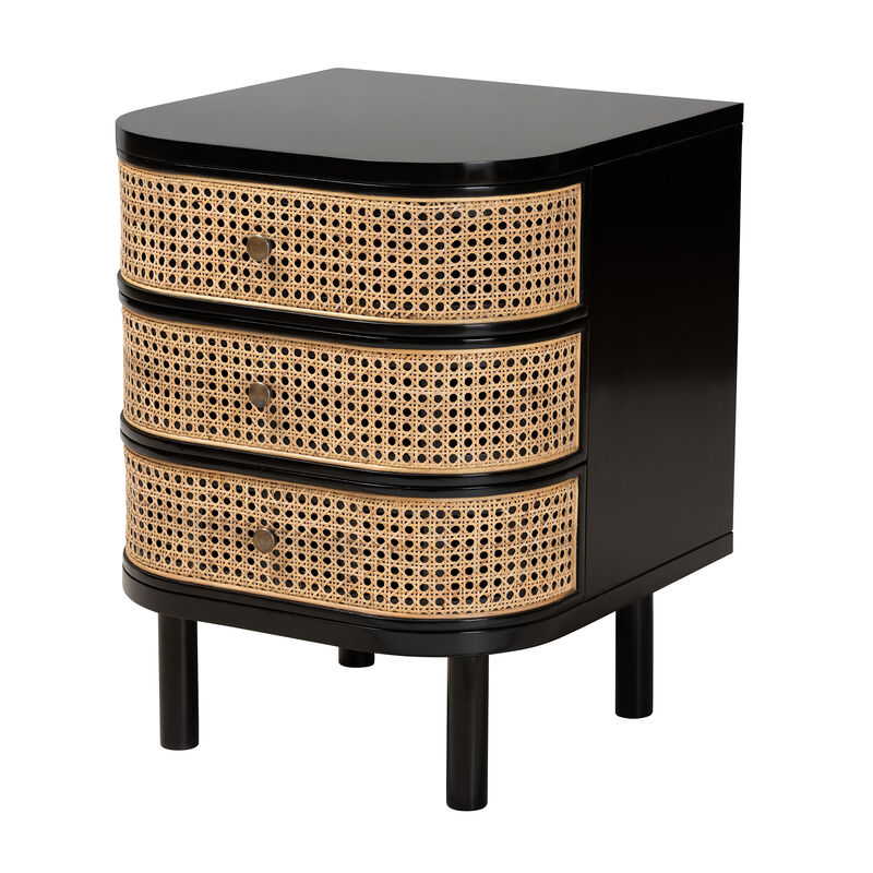 Bali & Pari Nabila Modern Black Bayur Wood and Natural Rattan 3-Drawer End Table Nightstand