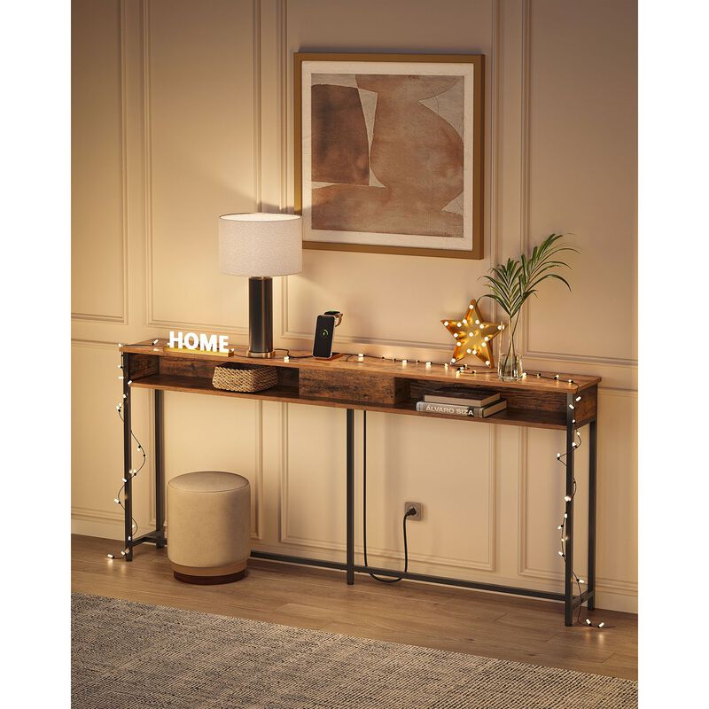 Long Console Table with Charging Station &ndash; 70" Sofa Table with Power Outlets and 3-Tier Shelves for Decor and Devices