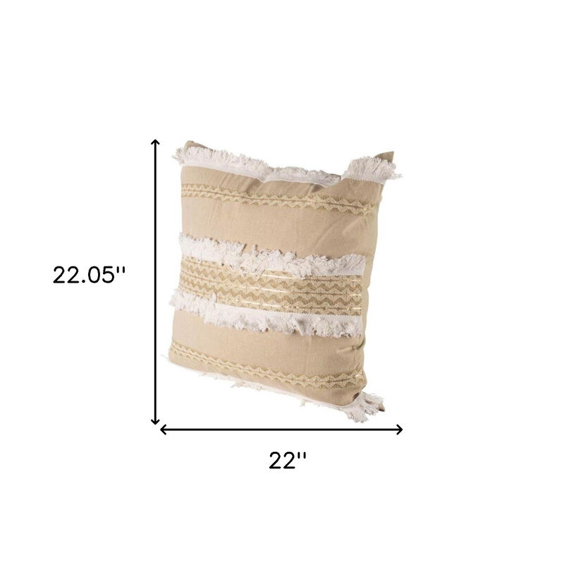 HomeRoots 22" Tan And White Geometric Linen Throw Pillow Cover with Fringe image number 3