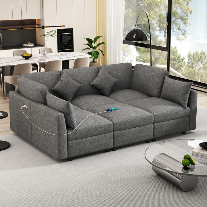Whisen 86.6" Modular Sectional Sofa, Chenille U-Shaped Couch with Movable Ottoman & USB Ports for Living Room, Apartment