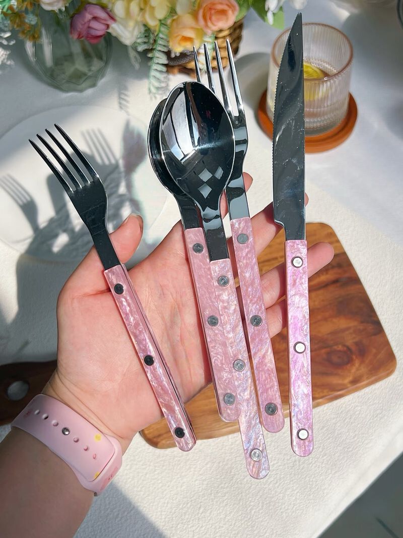 Pinky Salt Lake Flatware Set of 10 Pcs, Modern Marble Pattern Rivet Stainless Steel Cutlery Silverware