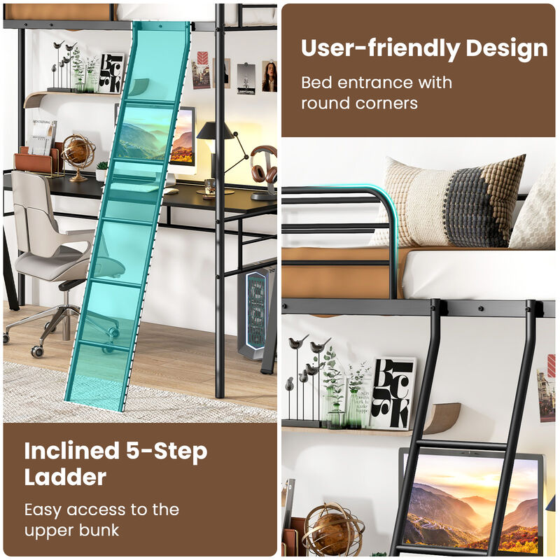 Loft Bed Metal Bed Frame with Ladder and Guardrails