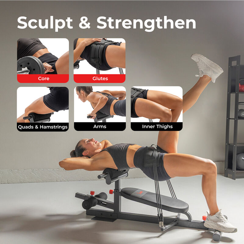 Sunny Health & Fitness 4‑in‑1 Multifunction Core & Glute Trainer with Hip Thrust Pad & 3 Resistance Bands image number 1