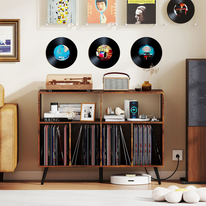 Record Player Stand with Charging Dock and Open Shelves for Media-Rustic Brown