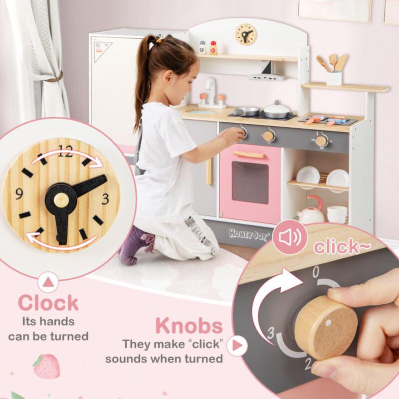 Hivvago Kids Play Kitchen Set with Realistic Range Hood and Refrigerator