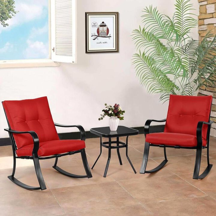 Hivvago Outdoor 3-Piece Patio Furniture Rocking Chairs Table Set with Red Cushions
