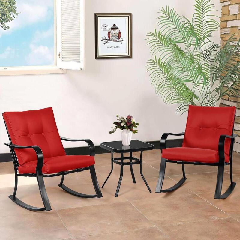 Hivvago Outdoor 3-Piece Patio Furniture Rocking Chairs Table Set with Red Cushions