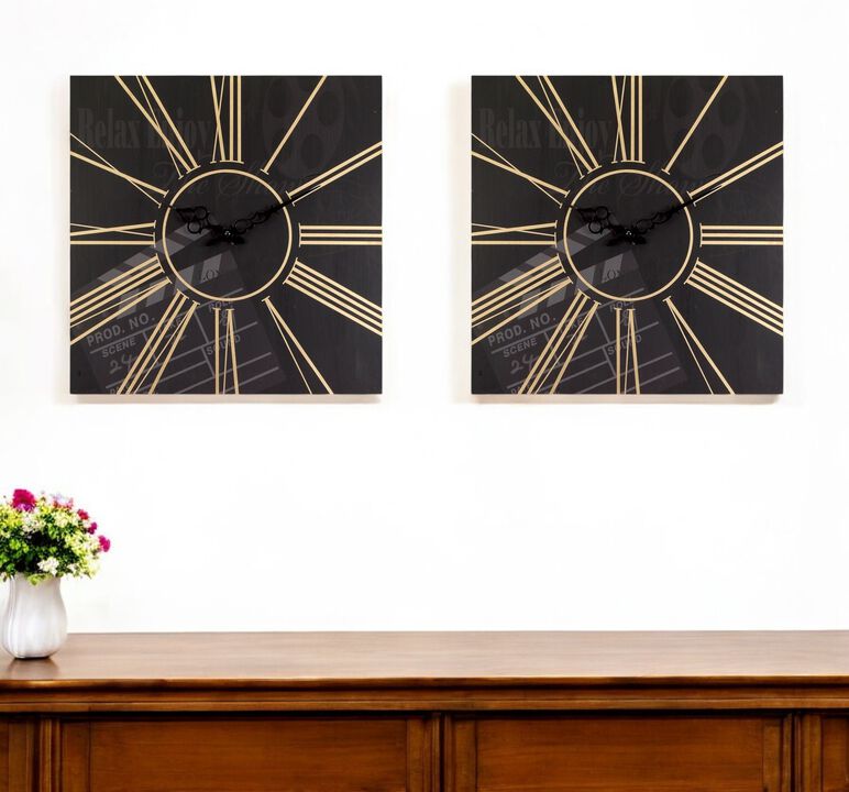 HomeRoots Set of Two Black And Gold Wood Analog Square Cinema Wall Clocks