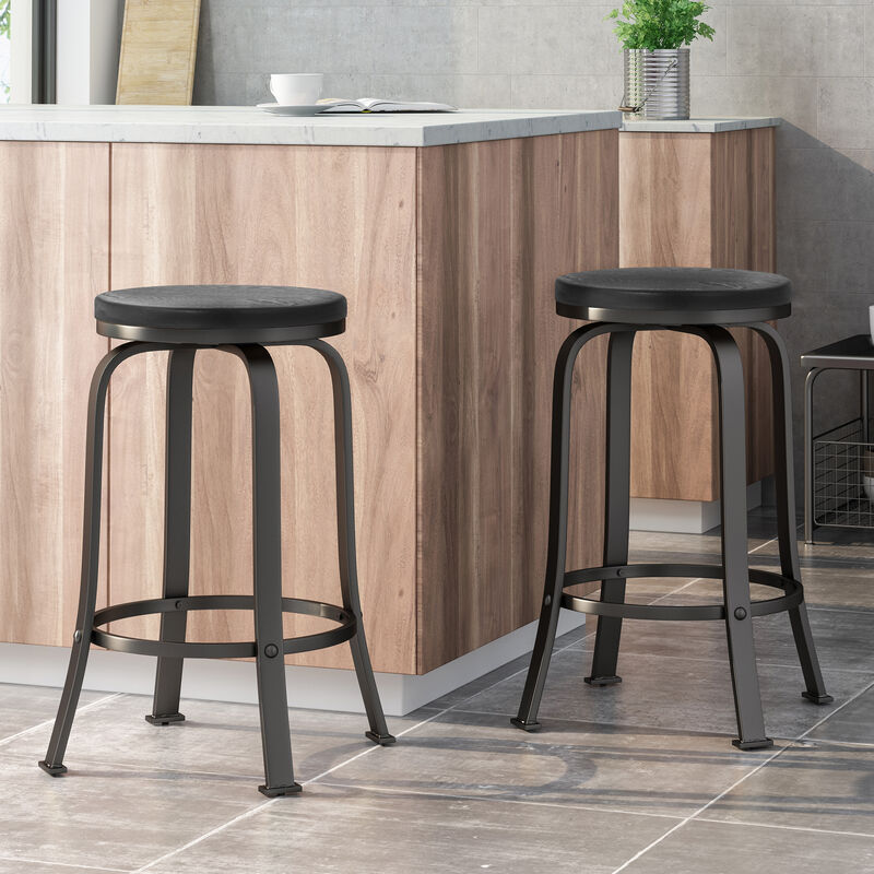 Streamdale Modern Industrial Swivel Counter Stool with Faux Wood Seat