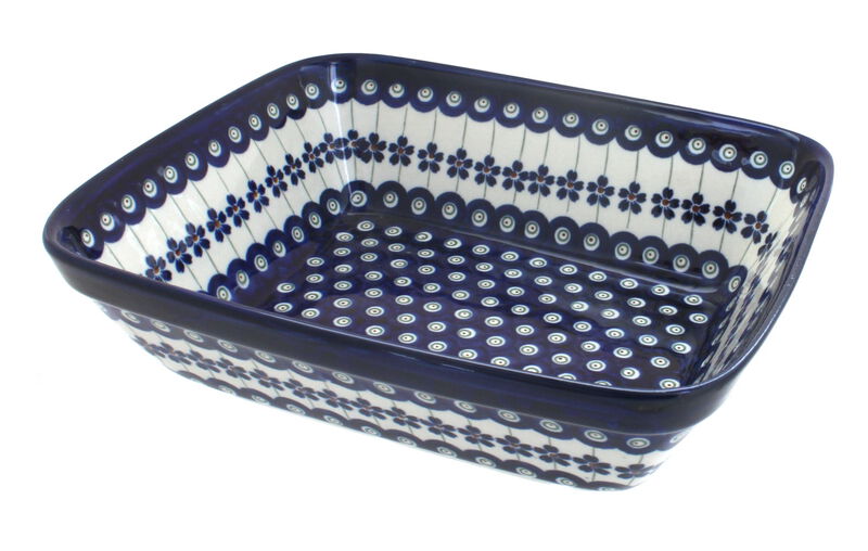 Blue Rose Polish Pottery Peacock Medium Deep Baker