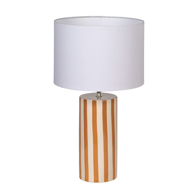 Glazed Stoneware Cylinder Lamp with Brown Stripes and Linen Shade image number 0