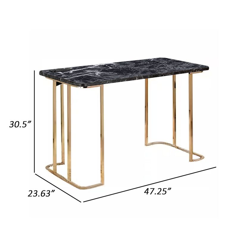 Jenny 47 Inch Desk, USB Power Outlet, Gold Metal Legs, Black Faux Marble - Benzara