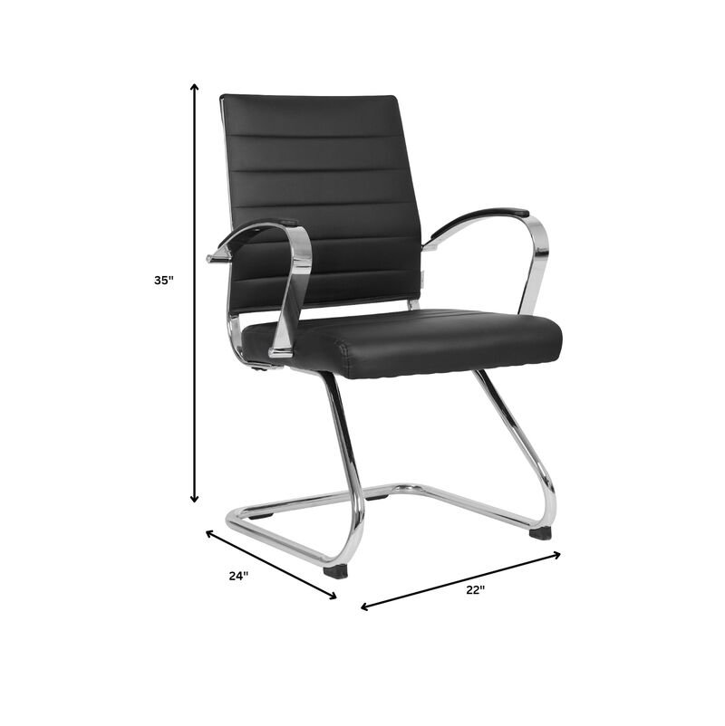 LeisureMod Benmar Guest Office Chair, Ribbed Leather Upholstery with Chrome Arms and Sled Base, Modern Desk Seating for Home or Conference Room