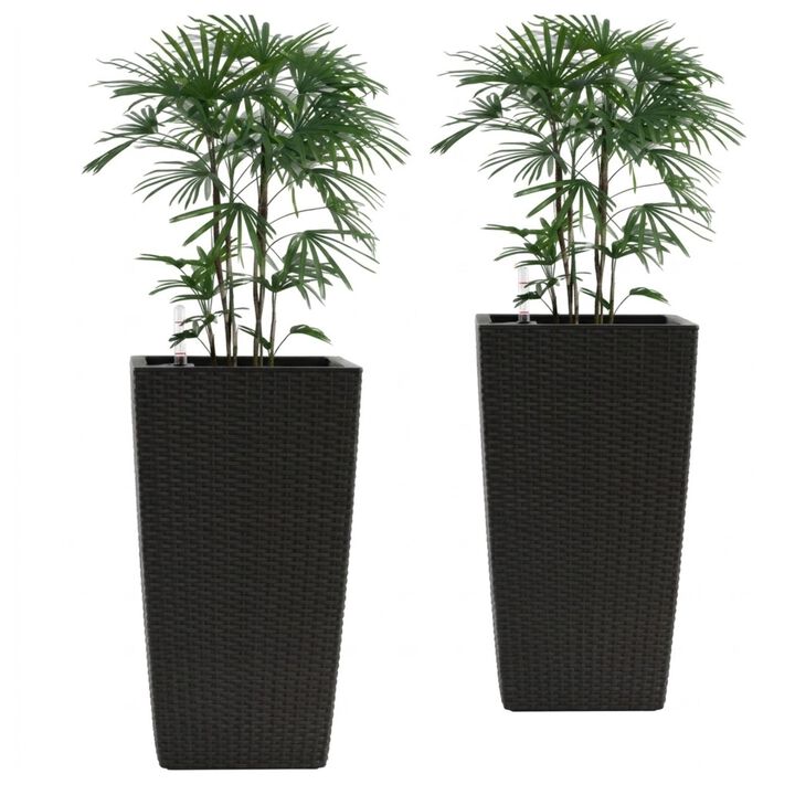 WOW PIONEER 2 Pack High Square Faux Rattan Planters with Automatic Watering System