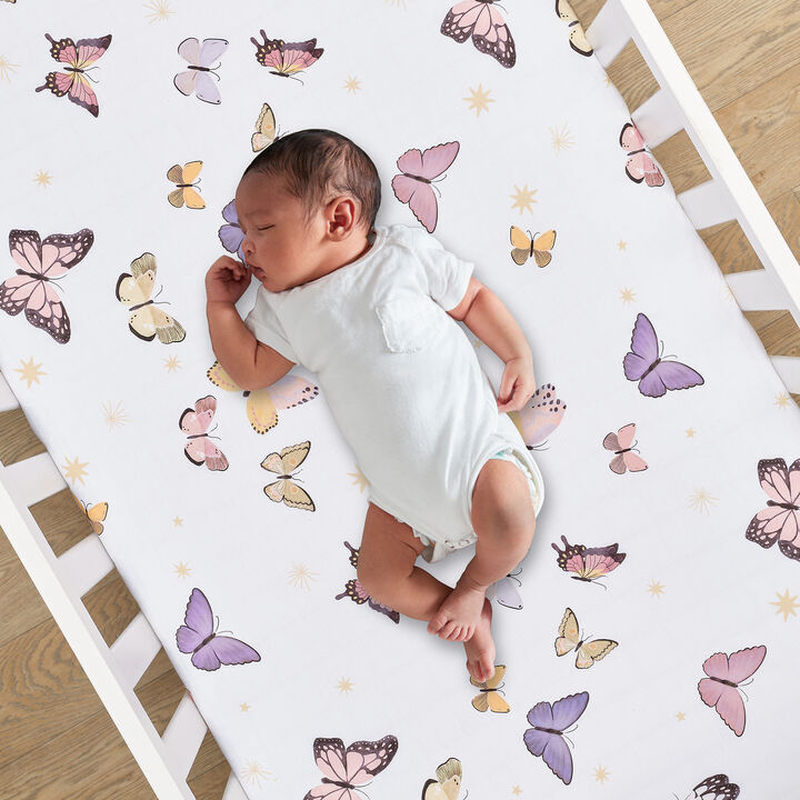 Lambs & Ivy Butterfly Dreams Breathable 100% Cotton Fitted Baby Crib Sheet