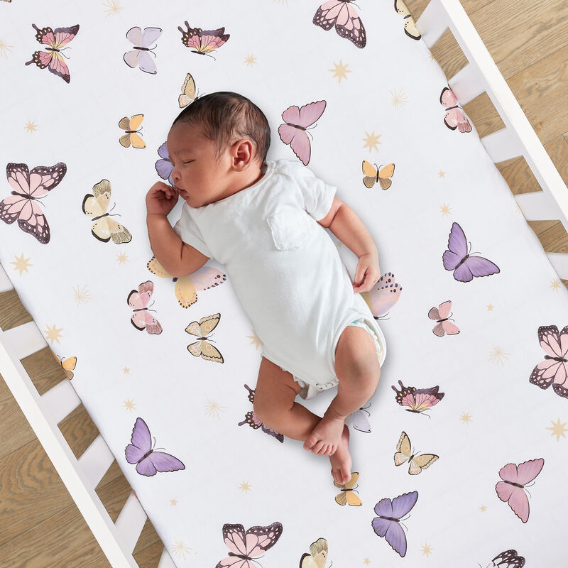 Lambs & Ivy Butterfly Dreams Breathable 100% Cotton Fitted Baby Crib Sheet
