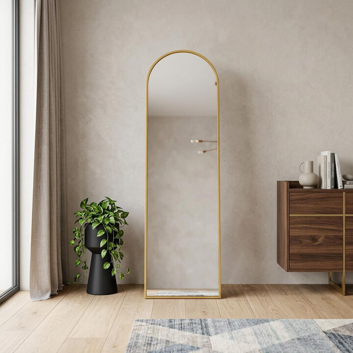 HomeRoots 70" Gold Aluminum Arch Freestanding And Wall Mounted Framed Full Length Mirror