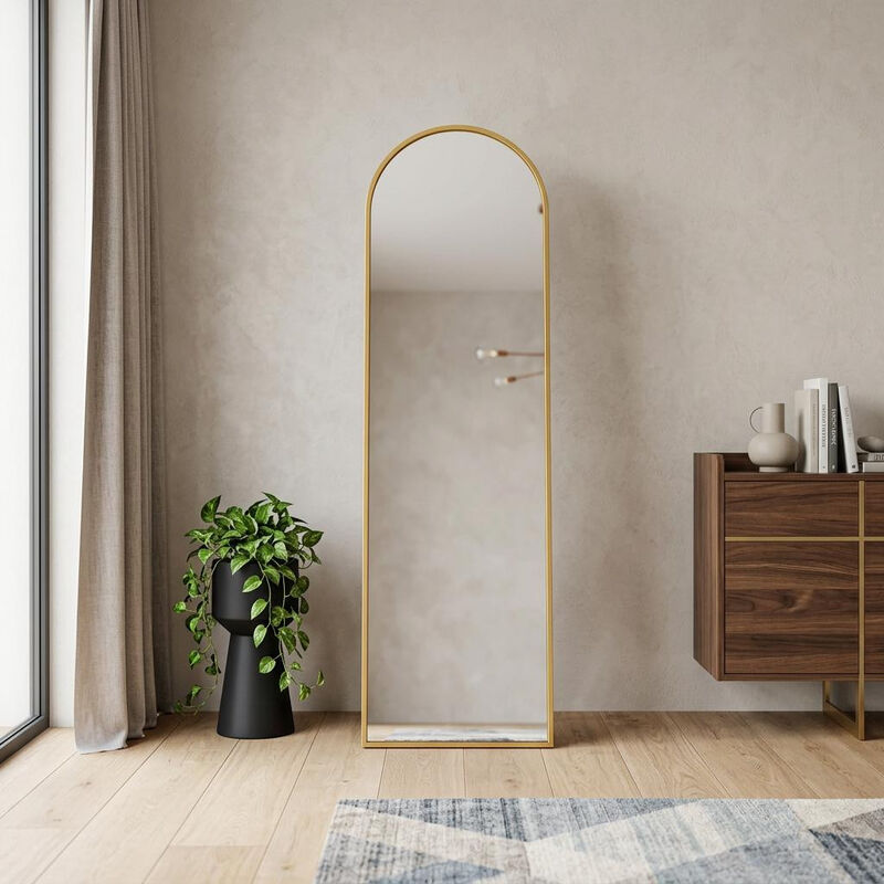 HomeRoots 70" Gold Aluminum Arch Freestanding And Wall Mounted Framed Full Length Mirror image number 1