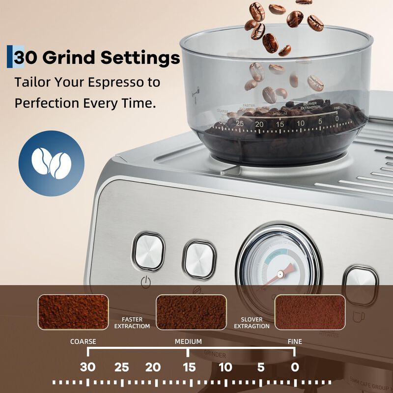 20 Bar Coffee Machine with Built-in Grinder, Stainless Steel, Steam Wand, 2.8L Tank &ndash; Home&Office image number 2