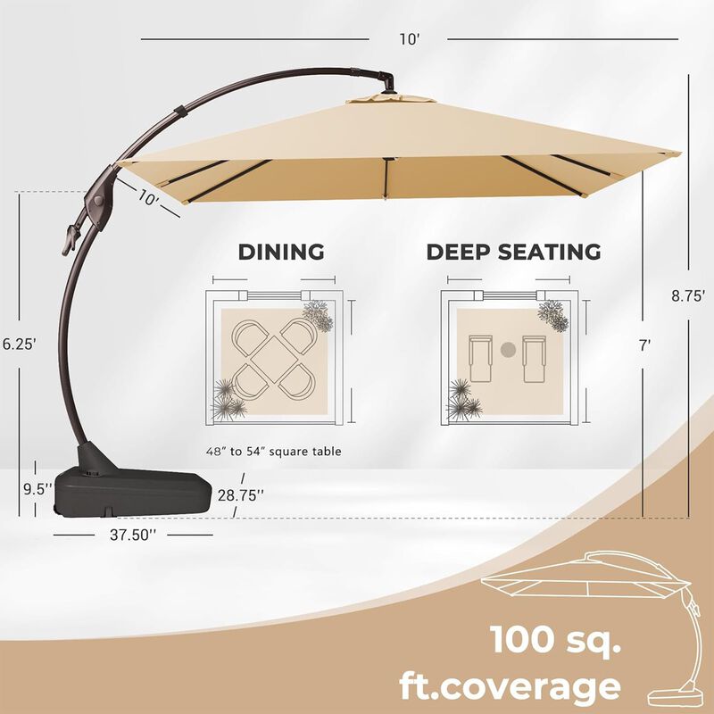 Mondawe 10ft Cantilever Umbrella w/ 360&deg; Rotation,Powder-Coated Aluminum Frame,Weighted Wheeled Base