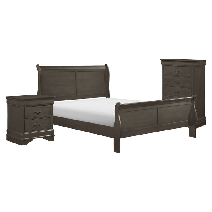 Fy Three Piece Full Size Bedroom Set, Modern Brass Metal Handles, Stained Gray - Benzara