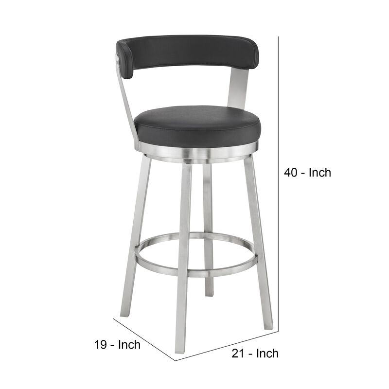 Emma 30 Inch Bar Height Swivel Stool, Steel Legs, Vegan Faux Leather, Black - Benzara