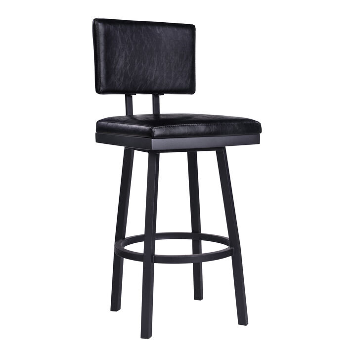 Balboa  Counter Height Swivel Vintage Black Faux Leather and Metal Bar Stool