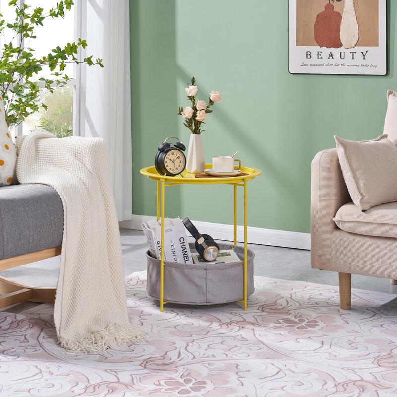 VECELO Round Side/End Table with Fabric Storage Basket