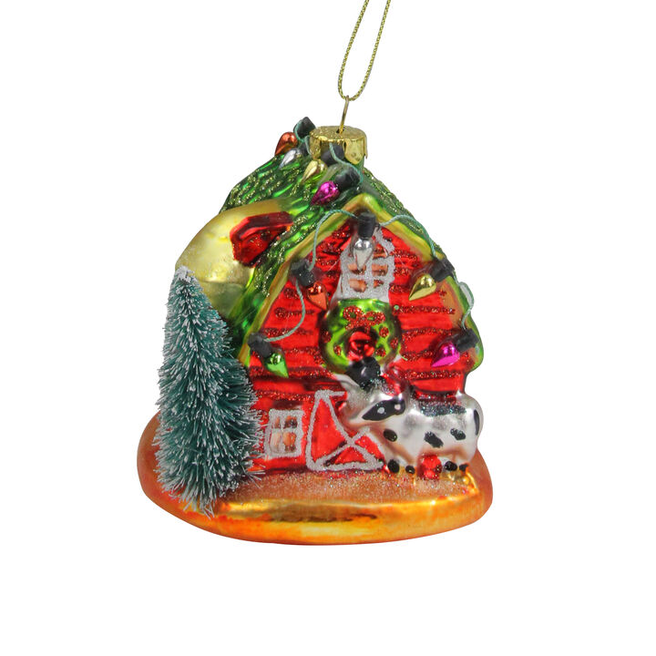 4" Festive Red and Green Barn with Roof Glass Christmas Ornament