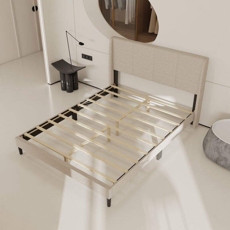 FUFU&GAGA Upholstered Queen Size Bed with Soft Polyester Fabric, (82.3"W x 62.6"D x 41.3"H ), Ivory White Finish