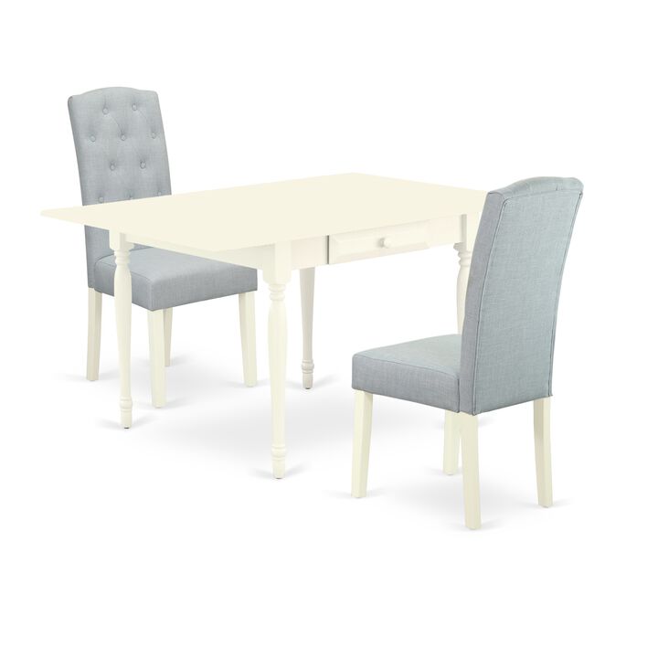 East West Furniture 1MZCE3-LWH-15 3Pc Dining Room Set - Rectangular Table and 2 Parson Chairs - Linen White Color