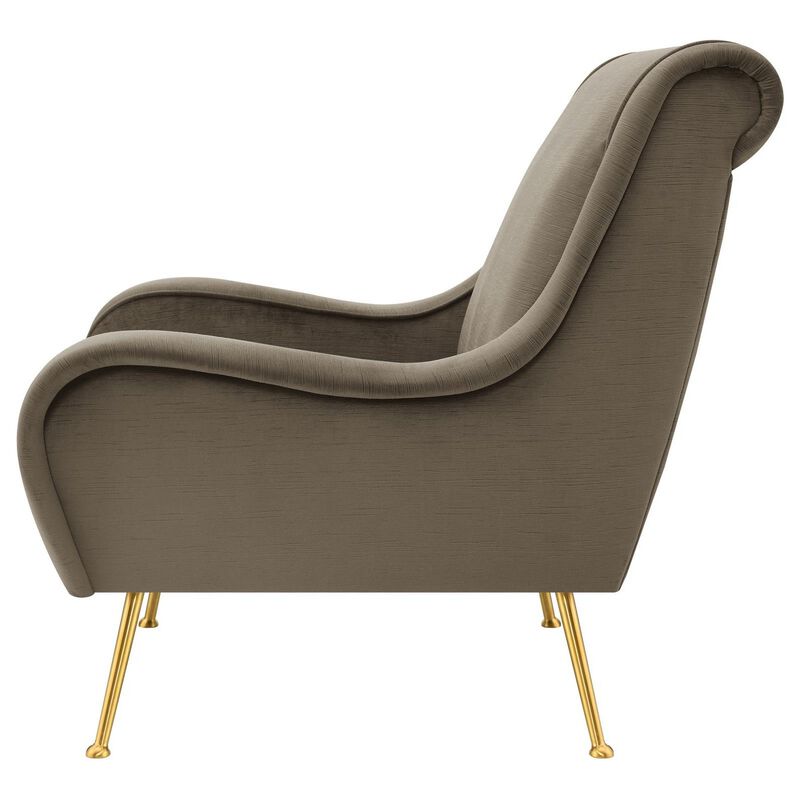 Rik 31 Inch Accent Armchair, Metal Legs, Velvet, Truffle Brown and Gold