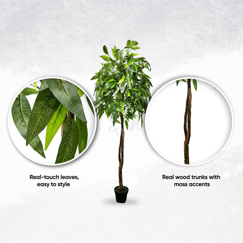 Handmade 6' Artificial Jungle Leaf Tree In Home Basics Plastic Pot Made with Real Wood and Moss Accents