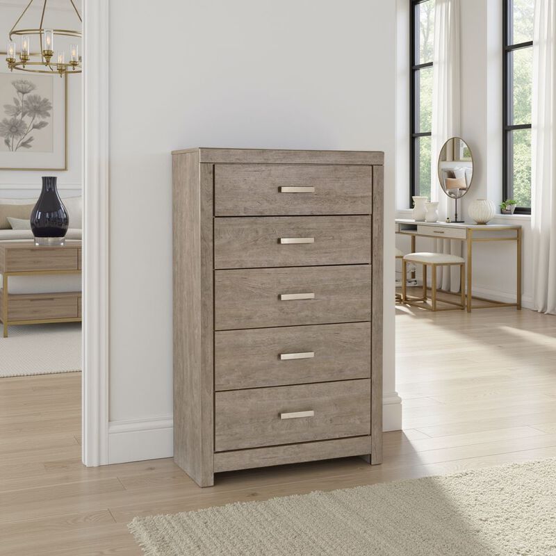 Kulv Tall Dresser Chest, 5 Storage Drawers, Modern Taupe Gray Laminate - Benzara