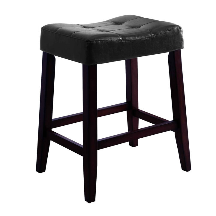 Wooden Stools with Saddle Seat and Button Tufts, Set of 2, Black and Brown - Benzara