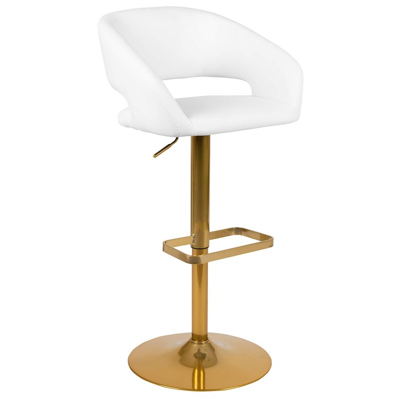 Flash Furniture Erik Comfortable & Stylish Contemporary Barstool with Rounded Mid-Back and Foot Rest, Adjustable Height - White Vinyl with Gold Base