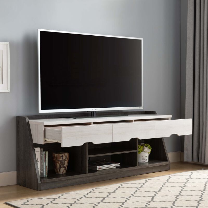 Homezia 62" White Oak & Distressed Grey Particle Board Cabinetenclosed Storage Tv Stand image number 3