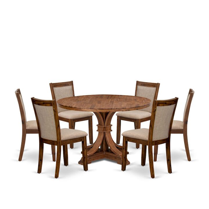 7-Pc Dining Room Set Of A Pedestal Dining Table, 6 Light Tan Parson Chairs