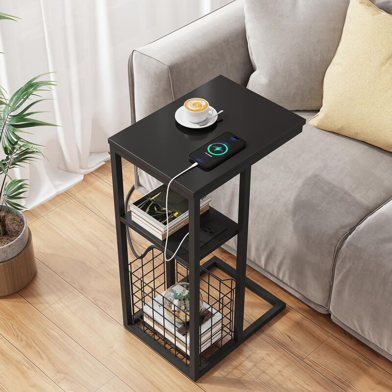 Vagusicc C Shaped End Table with Charging Station, Side Table for Couch, Small Side End Table for Small Spaces, 28"" High Slide