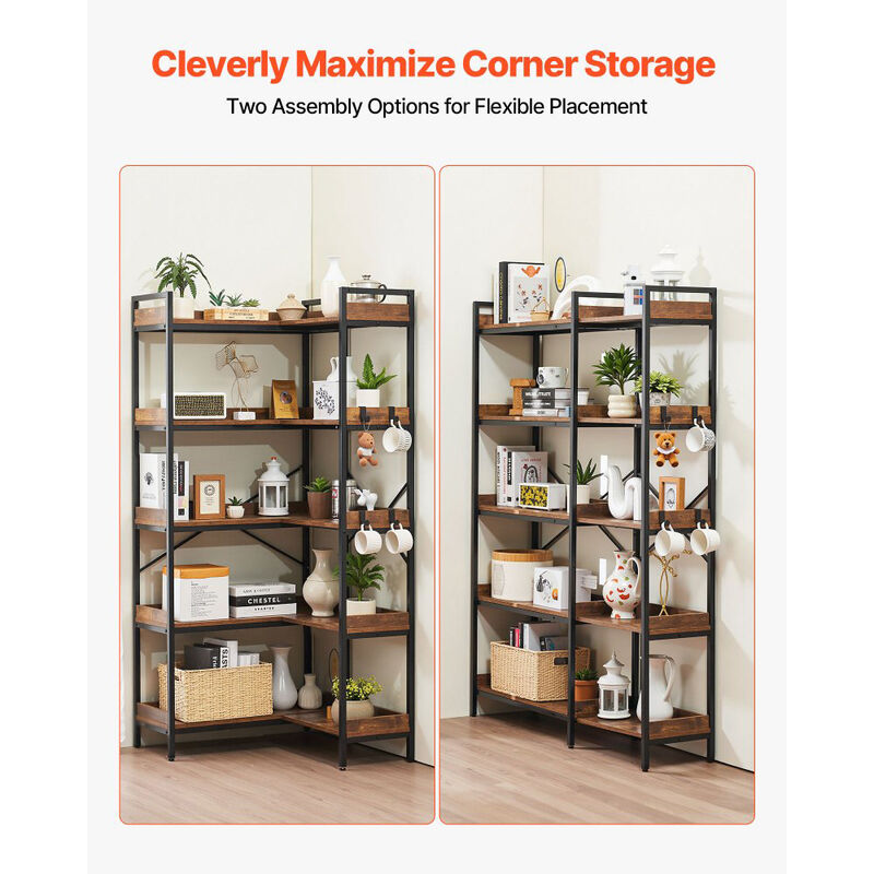 Industrial Corner 5-Tier Bookshelf with Hooks, Metal Frame Wood Shelves, L-Shaped Display Rack image number 3