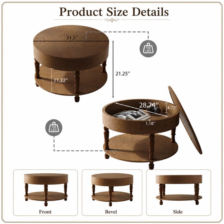 GOODSILO Modern Round Coffee Table with Dual Storage Flip-Top Hidden Compartment Open Lower Shelf Adjustable Leveling Feet Quick Assembly for Living Room