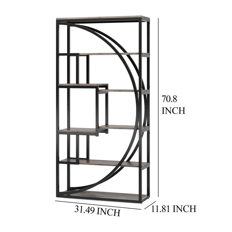 Modern Bookcase, 5 Tier Geometric Display Shelves, 71 Inch Black Metal - Benzara