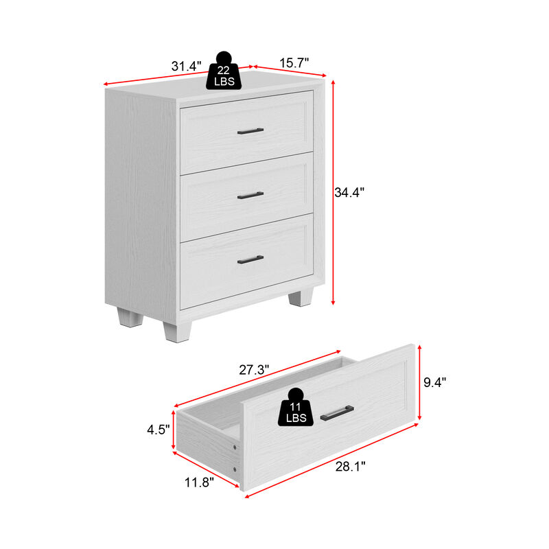 FUFU&GAGA Classic White Wood Grain Dresser Nightstand with 3-Tier Drawers, Black Pulls & Beveled Edge Design (34.4" Hx 31.4" W x 15.7" D)