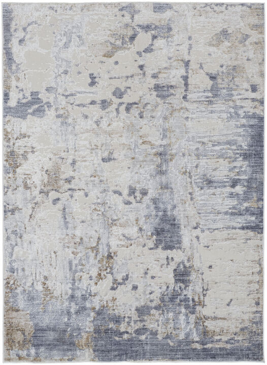 4 X 6 Ivory gray And Blue Abstract Power Loom Distressed Area Rug