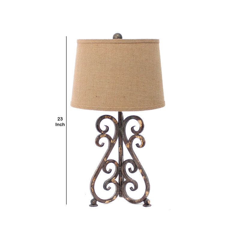 Metal Table Lamp with Scroll Design Base and 2 Way Switch,Bronze and Beige-Benzara