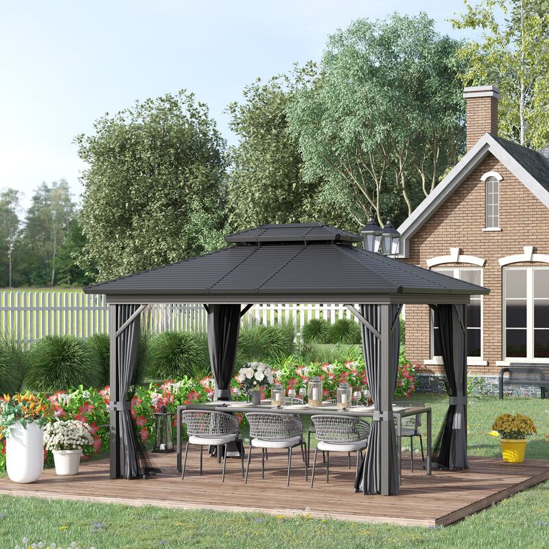 Gray Garden Structure: 10x12 ft Hardtop Gazebo with Curtains