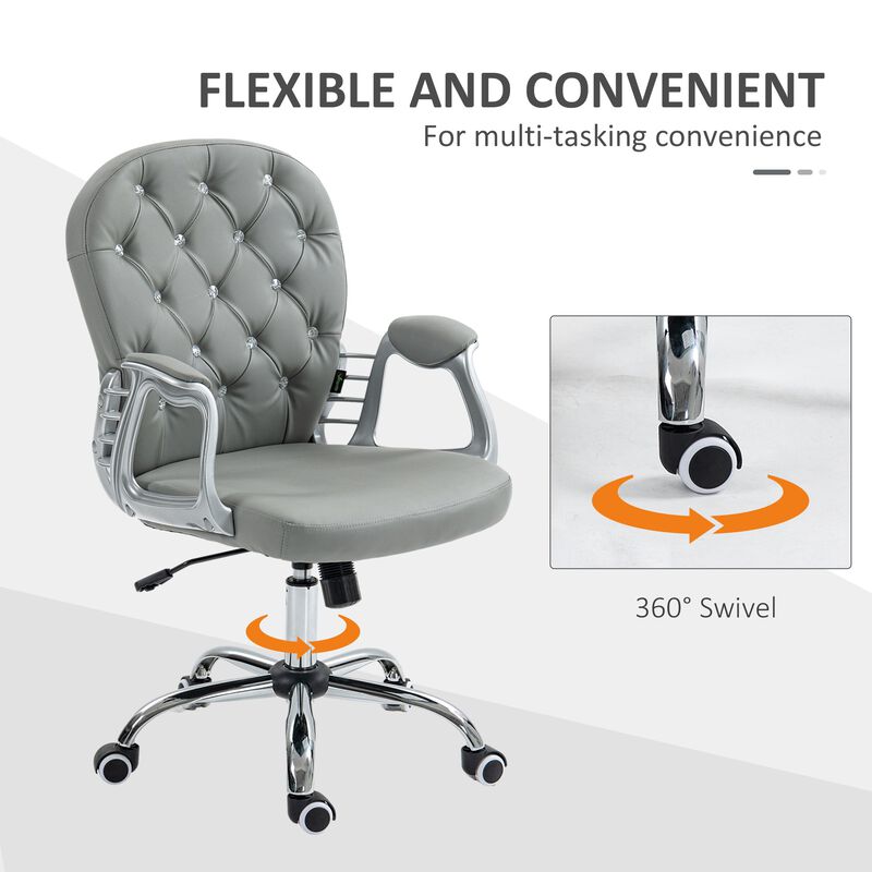 PU Leather Home Office Chair, Button Tufted Desk Chair with Padded Armrests, Adjustable Height and Swivel Wheels, Gray
