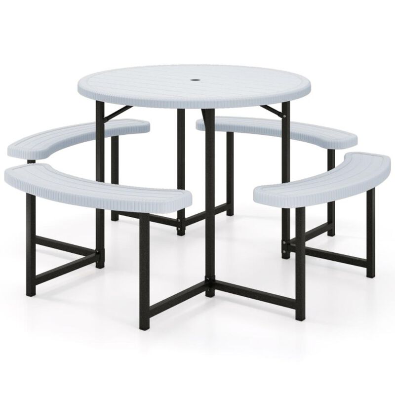 Hivvago Round Picnic Table Bench Set with 4 Benches and Umbrella Hole for Patio Lawn